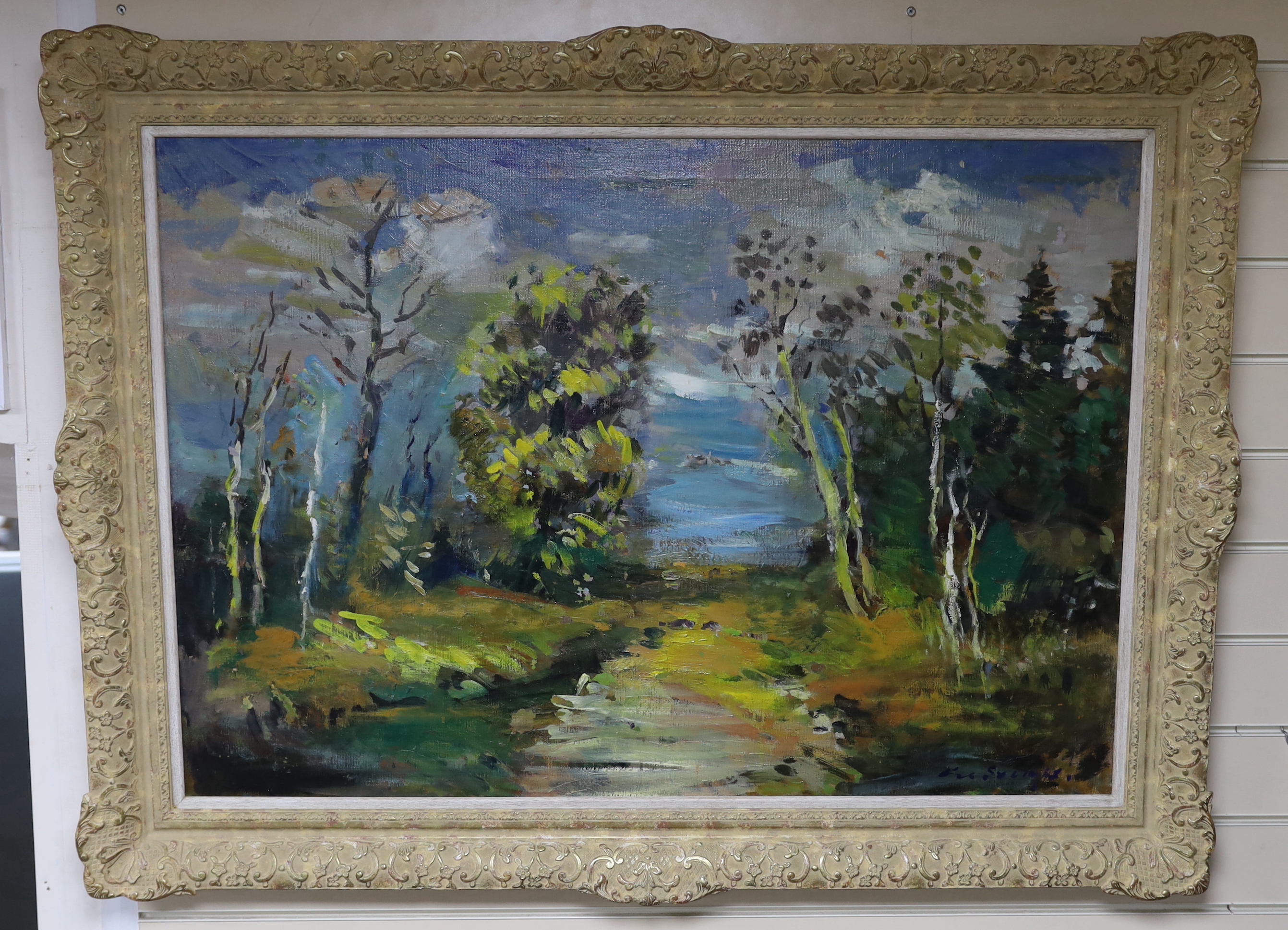 Russian School, impressionist oil on canvas, Woodland landscape, signed, 98 x 68cm